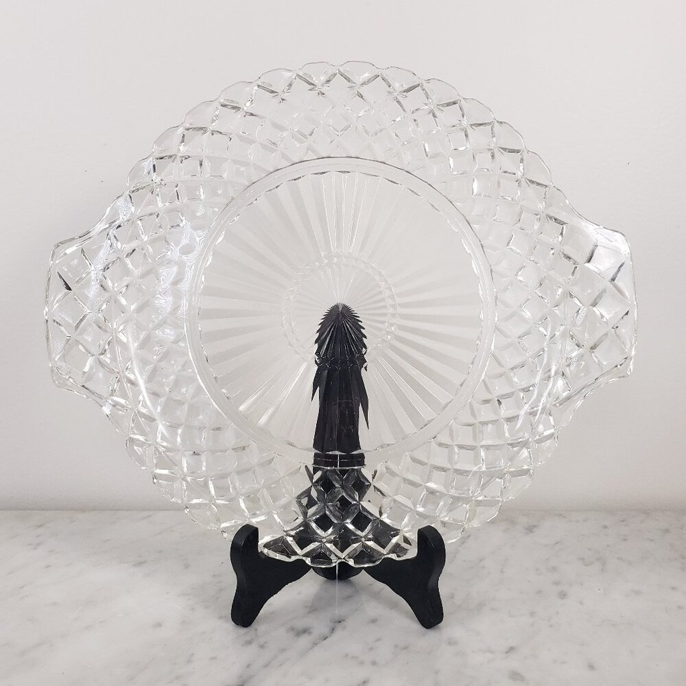 Vintage Anchor Hocking Waterford Waffle Clear Glass Handled Cake Plate